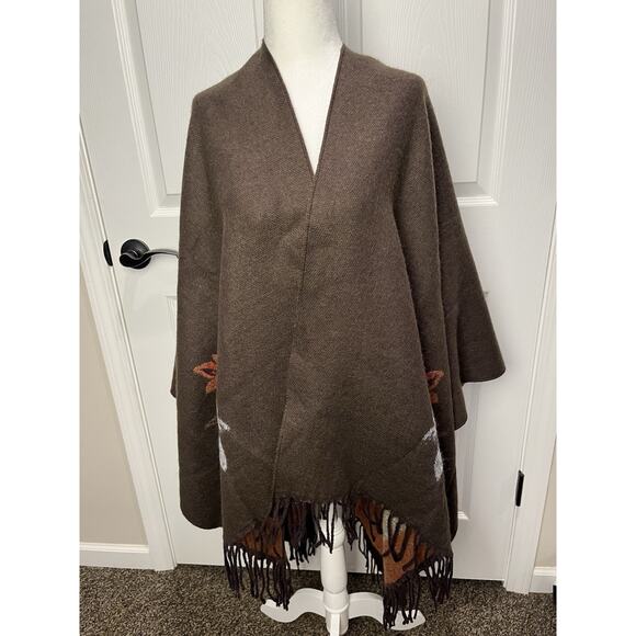Poncho Shawl Womens Brown Floral Fringe Hem Open Front Wrap Super Soft - Picture 4 of 9
